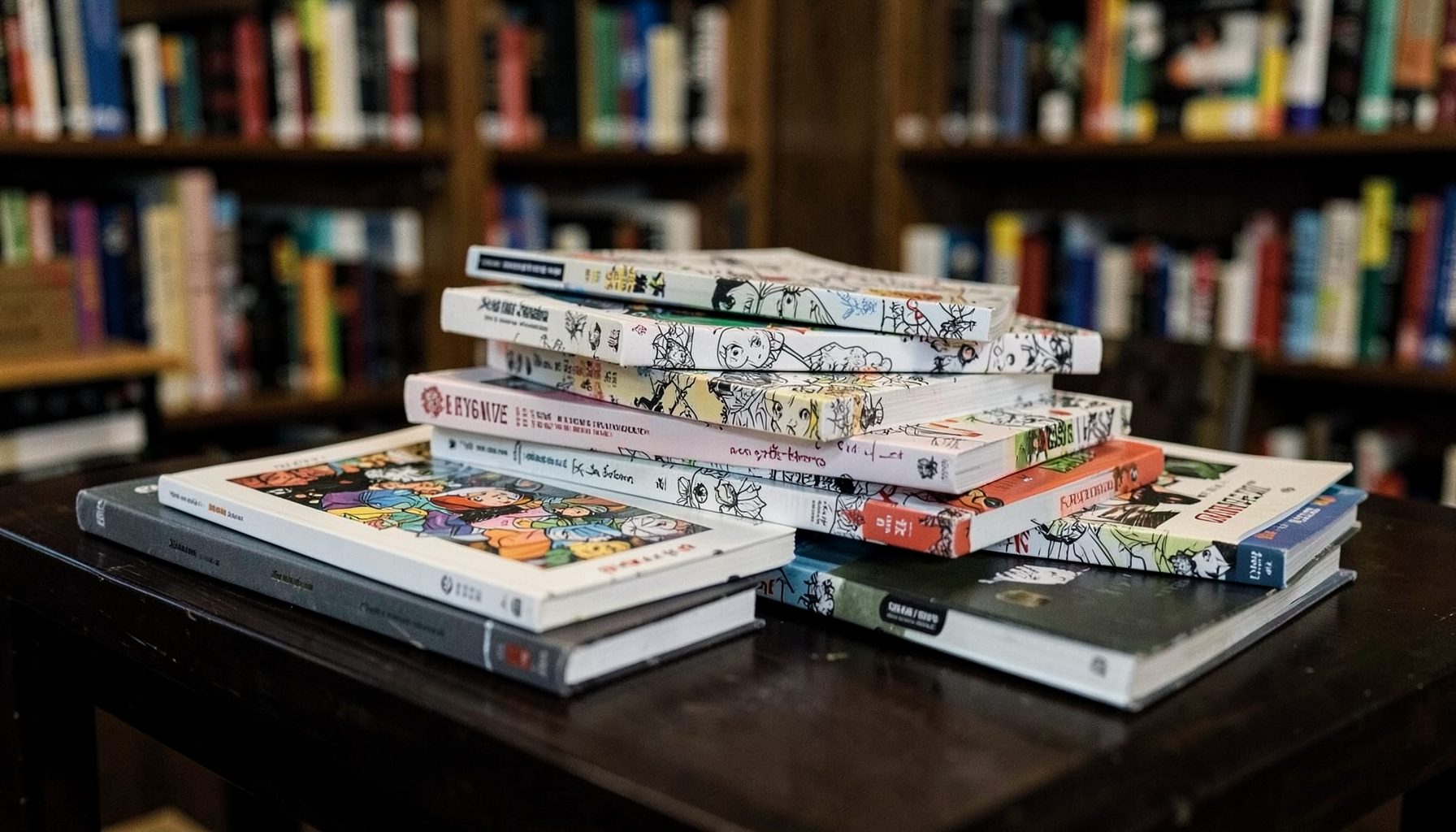 Conjunto de livros e revistas de banda desenhada empilhados sobre uma mesa escura, atmosfera de biblioteca pessoal