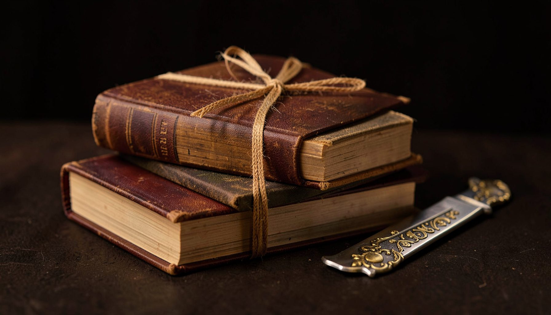 Conjunto de livros empilhados com uma fita de presente e uma lâmina decorativa ao lado, tons quentes de castanho e dourado sobre fundo escuro, atmosfera acolhedora e literária