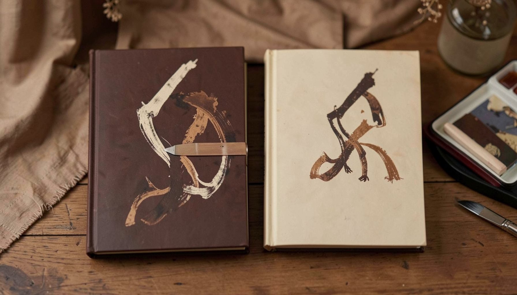 Dois livros lado a lado com uma lâmina artística sobreposta, paleta de castanhos e cremes, ambiente de leitura intimista