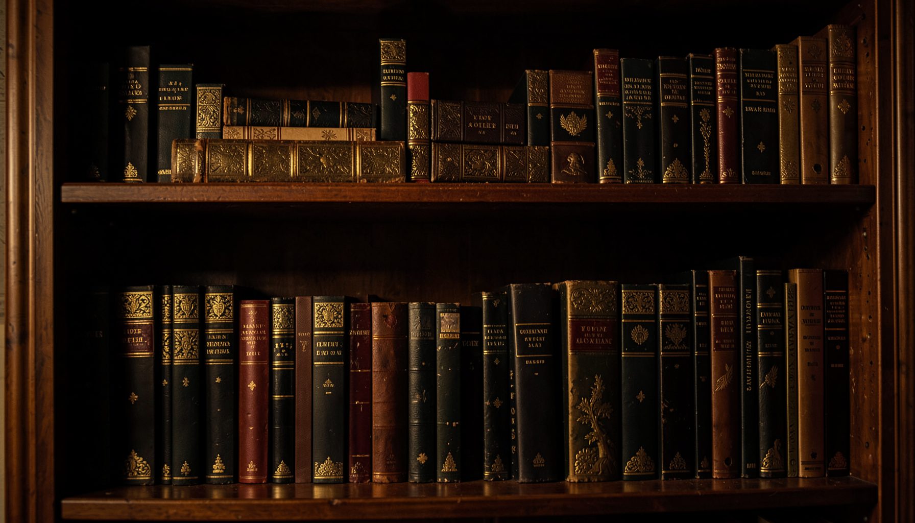 Estante com livros de capa escura e dourada, iluminados por uma luz quente e envolvente, atmosfera literária e misteriosa