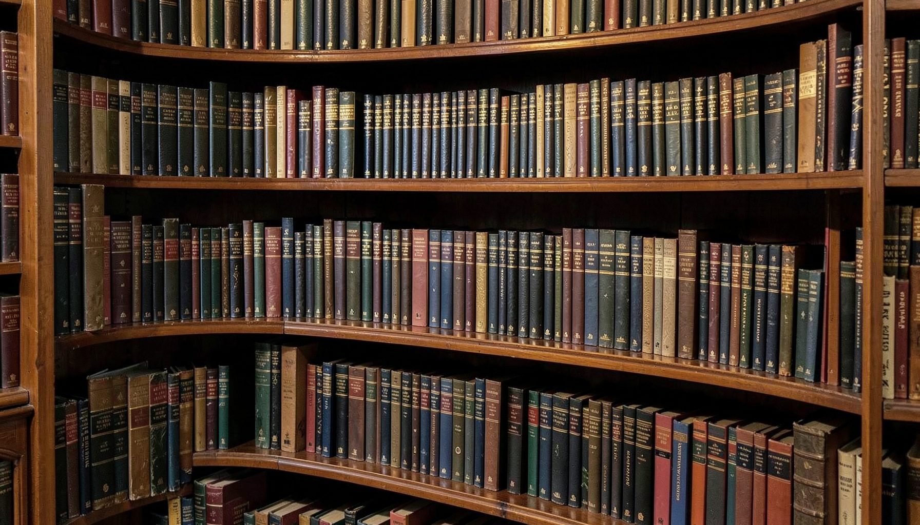 Estante repleta de livros com lombadas escuras e tons dourados, atmosfera de biblioteca acolhedora e literária