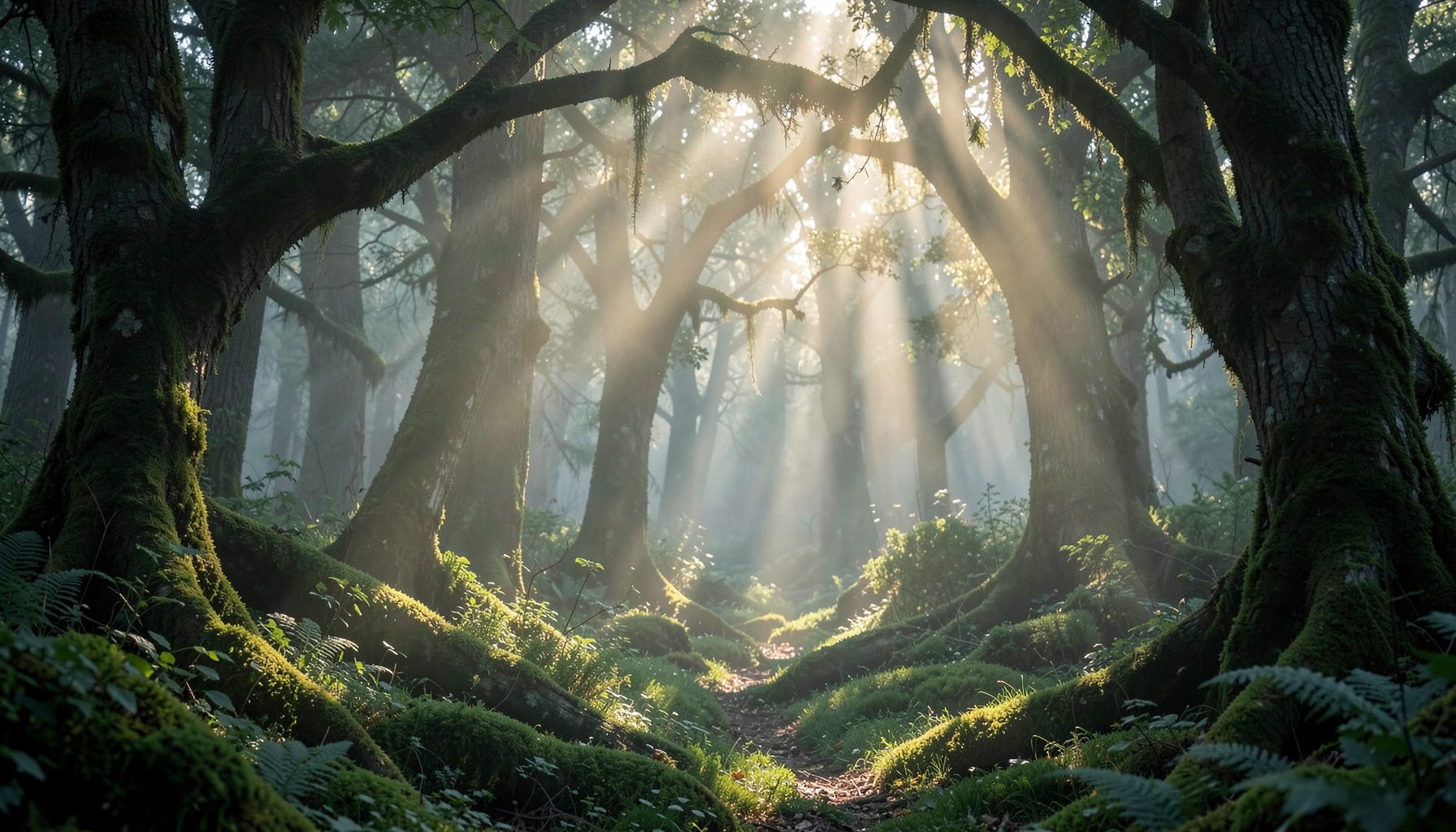 Floresta enevoada em tons de verde musgo e cinza, com raios de luz dourada a atravessar a copa das árvores, atmosfera mágica e misteriosa