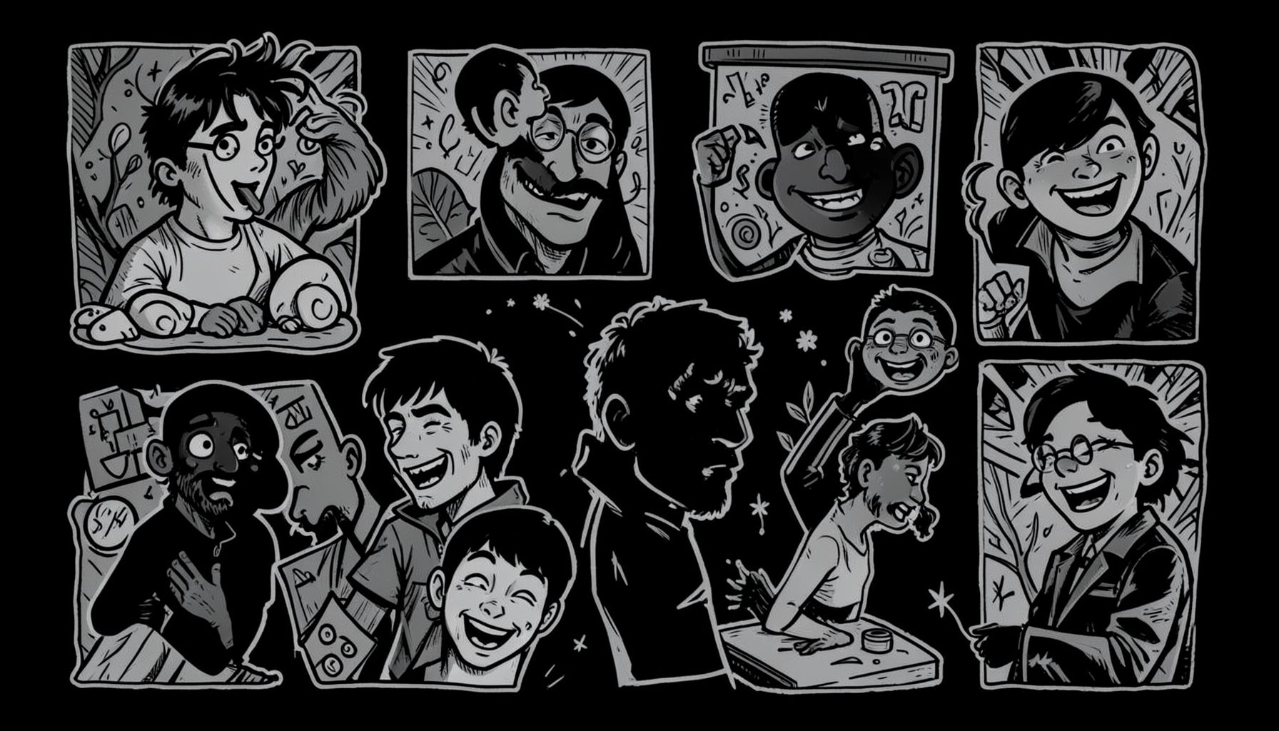 Ilustração em tons escuros com traços de banda desenhada irreverente, vinhetas estilizadas e um toque de humor gráfico sobre fundo negro