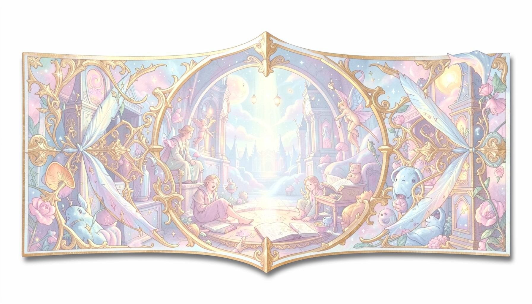 Lâmina decorativa com ilustração de reino mágico em tons pastel e dourado, cenário onírico e literário