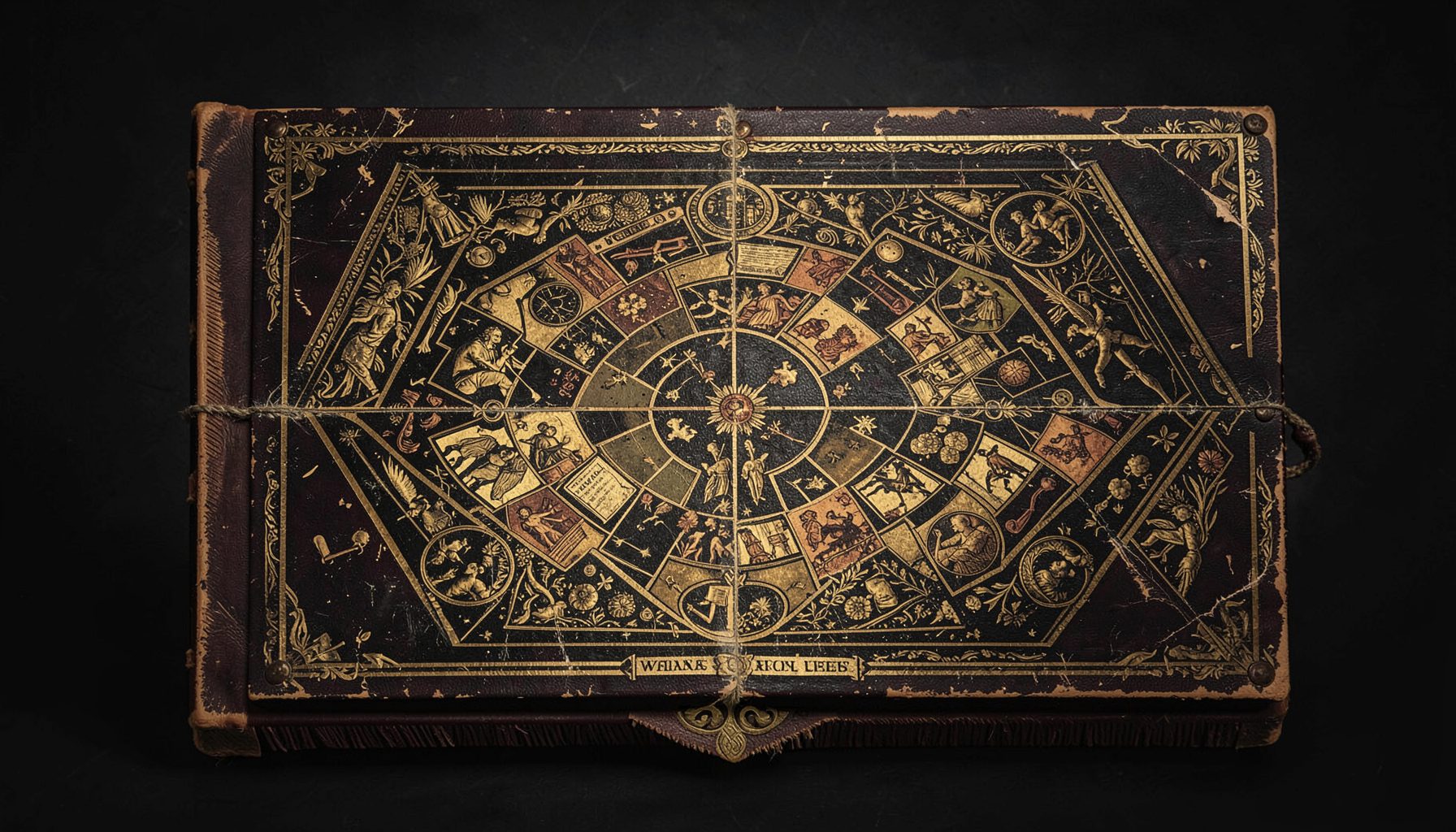 Lâmina decorativa com ilustração de tabuleiro de jogo literário em tons escuros e dourados, estilo vintage irreverente