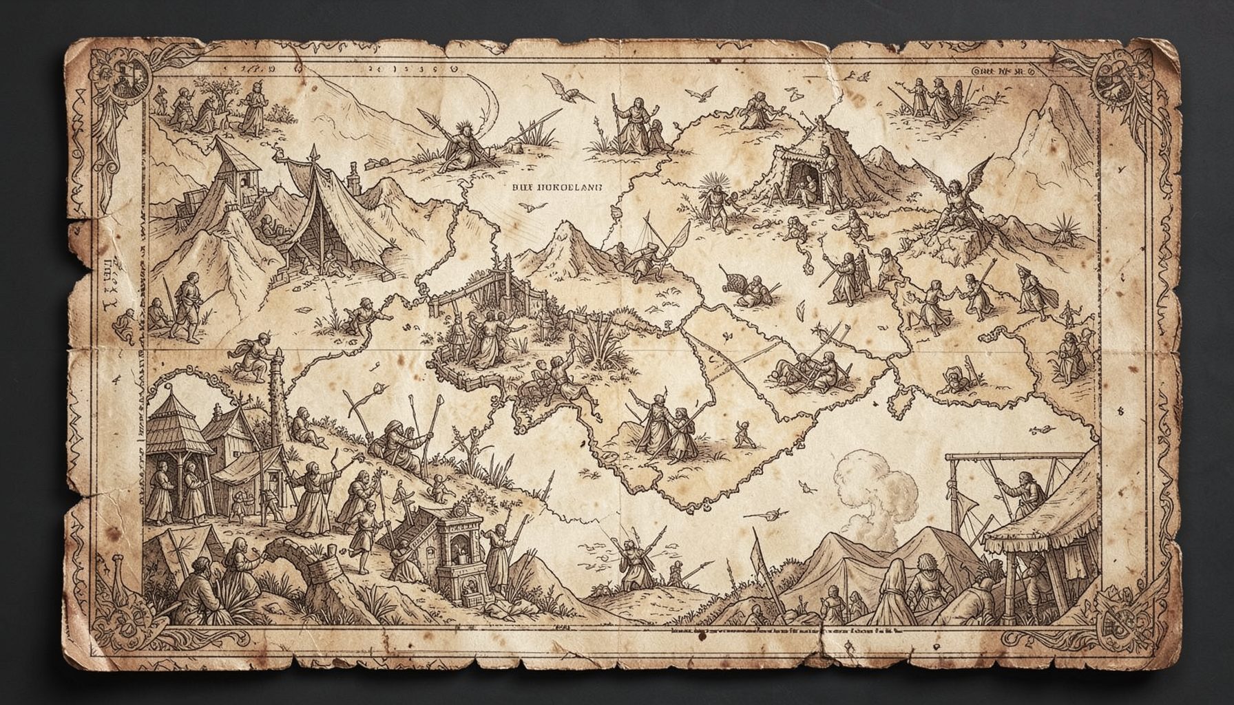 Lâmina decorativa com mapa de aventura fantástica em tons sépia e castanho, atmosfera de exploração literária
