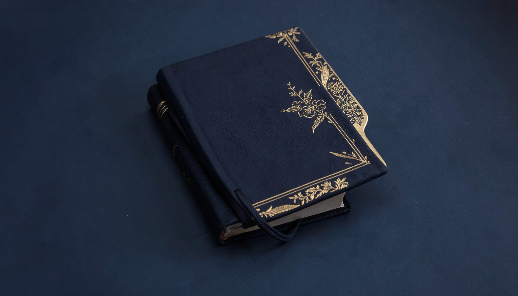 Livro de capa escura com detalhes dourados junto a uma lâmina decorativa ilustrada, tons sóbrios de azul-escuro e ouro