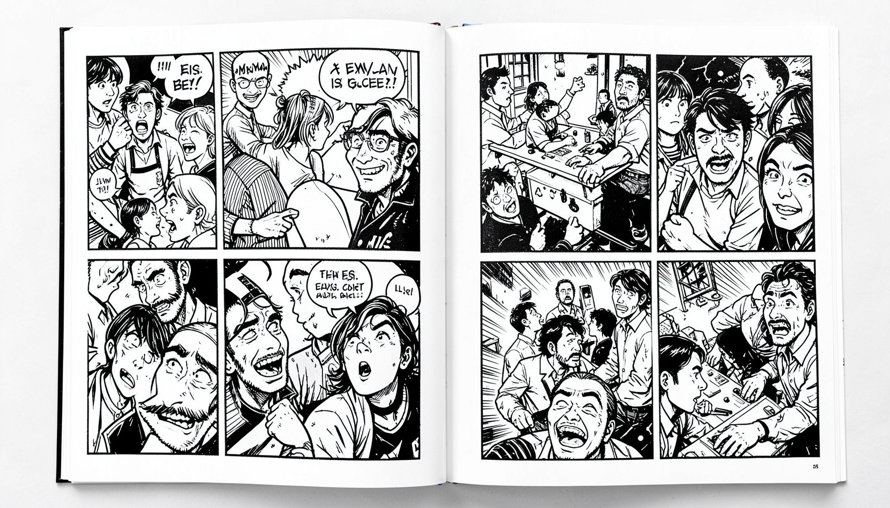 Página interior de uma banda desenhada a preto e branco com traço expressivo, balões de diálogo e um tom humorístico e provocador