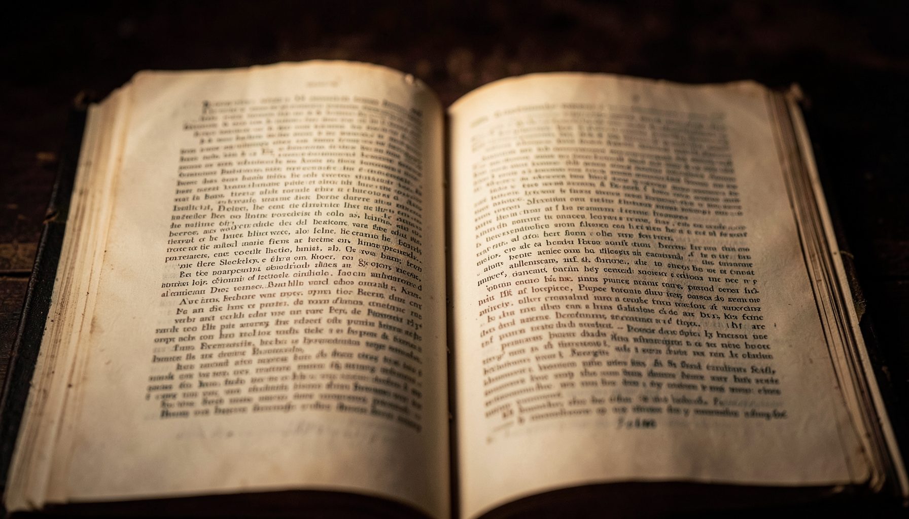 Páginas abertas de um livro antigo com texto denso, iluminadas por luz quente e suave, tons de sépia e castanho escuro, atmosfera literária e intimista
