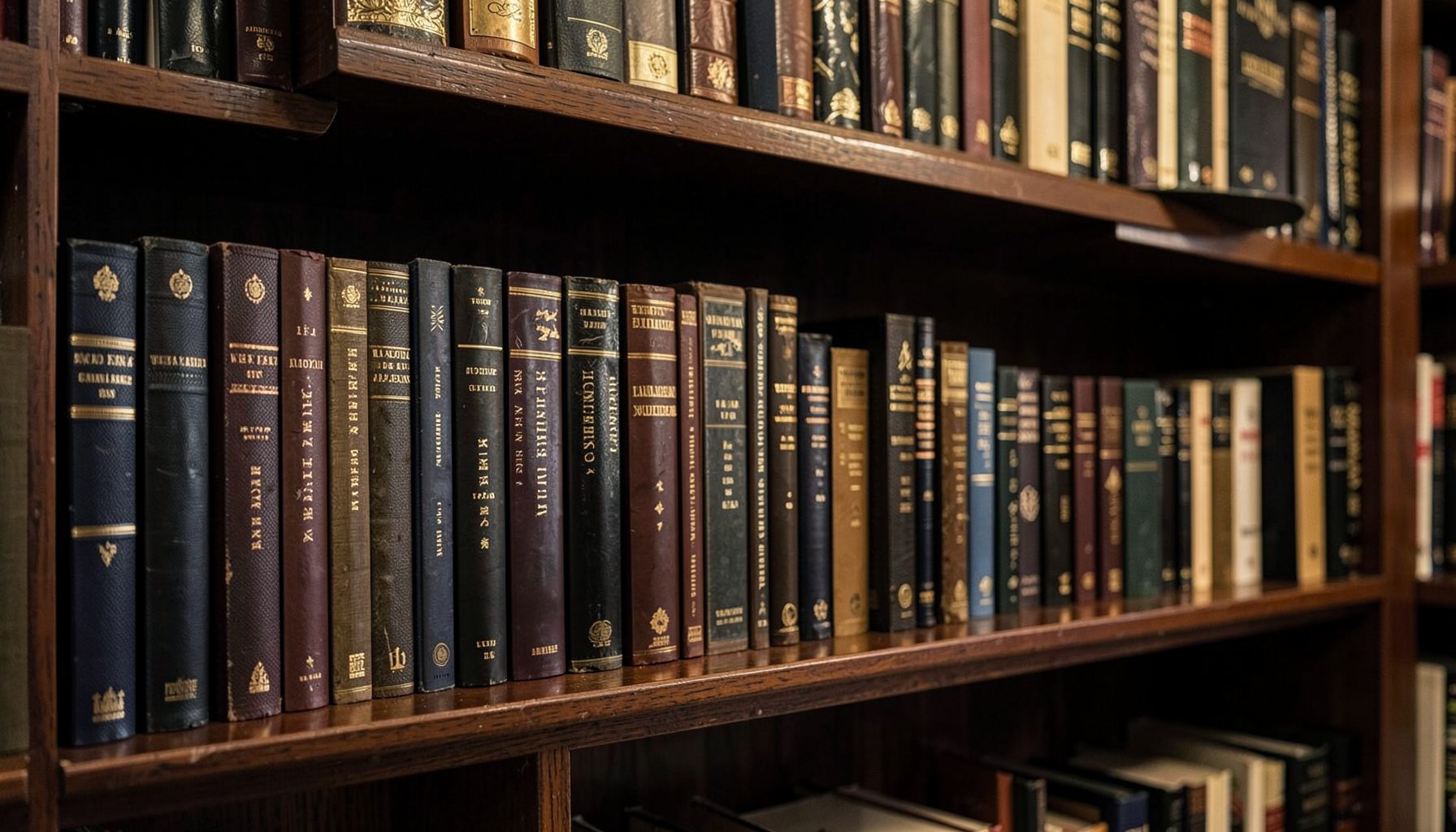 Prateleira de livraria com livros alinhados em tons escuros e dourados, atmosfera acolhedora e literária